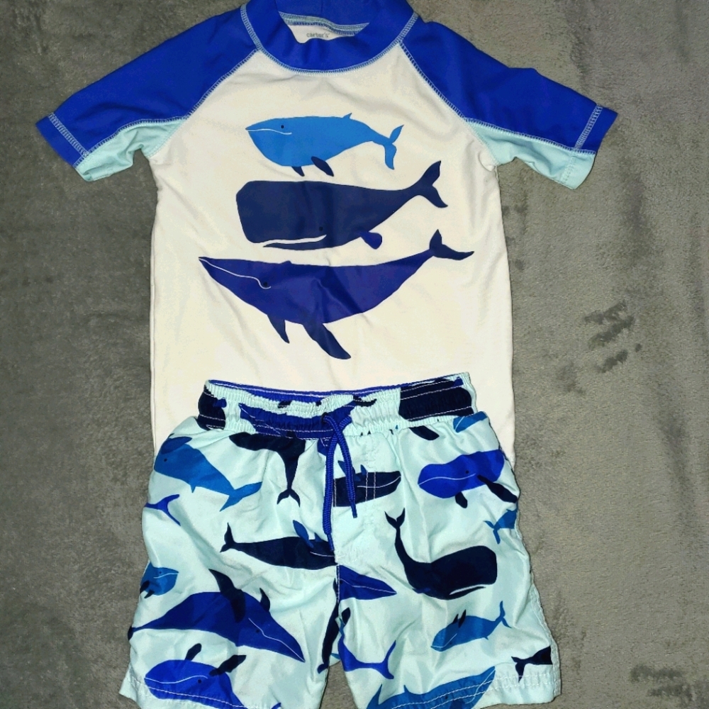 Toddler boy matching swimsuit.